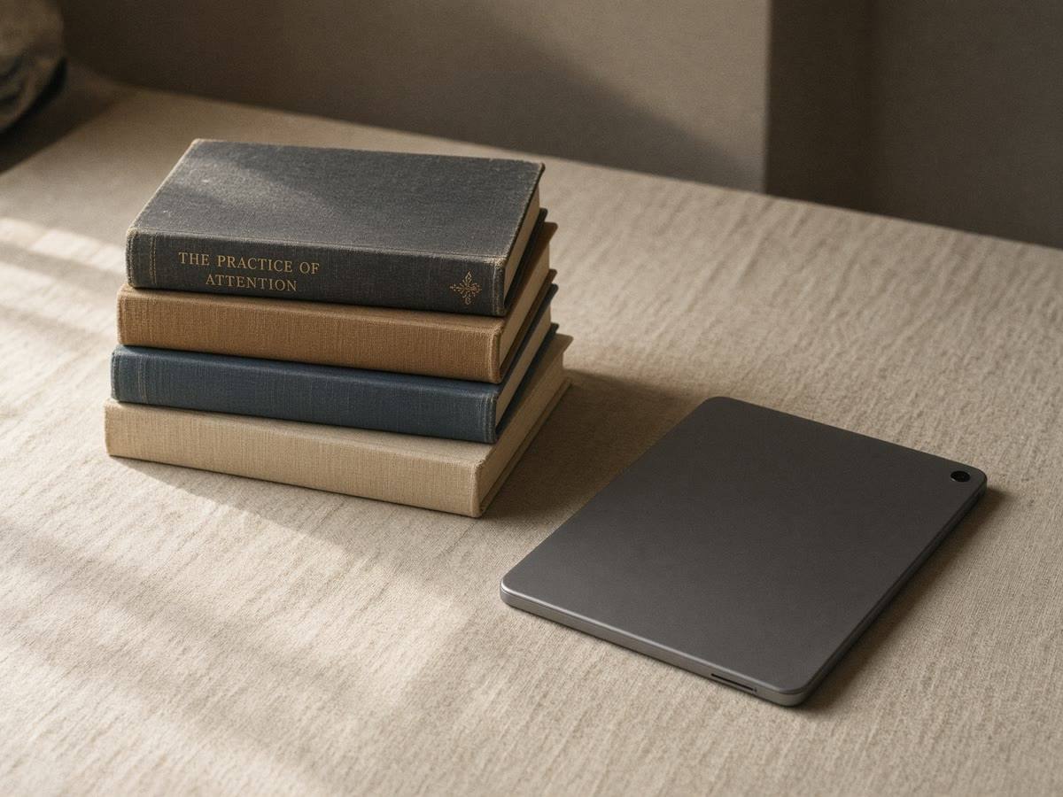 Clothbound books beside a closed tablet on a linen table