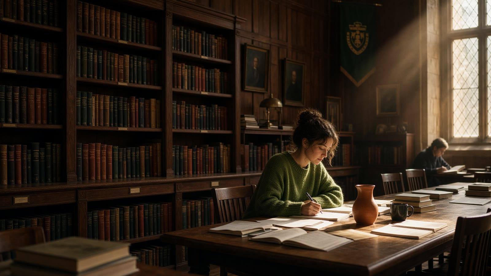 A sunlit university reading room with walnut shelves
